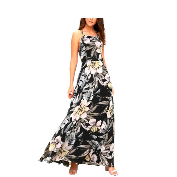 Lulus Dresses & Skirts - Lulu’s Love ABloom Black Floral Print Lace Up Maxi Dress Size M NWT Boho Beach